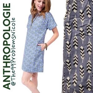 Anthropologie Feather Print Cotton Shift Dress with pockets